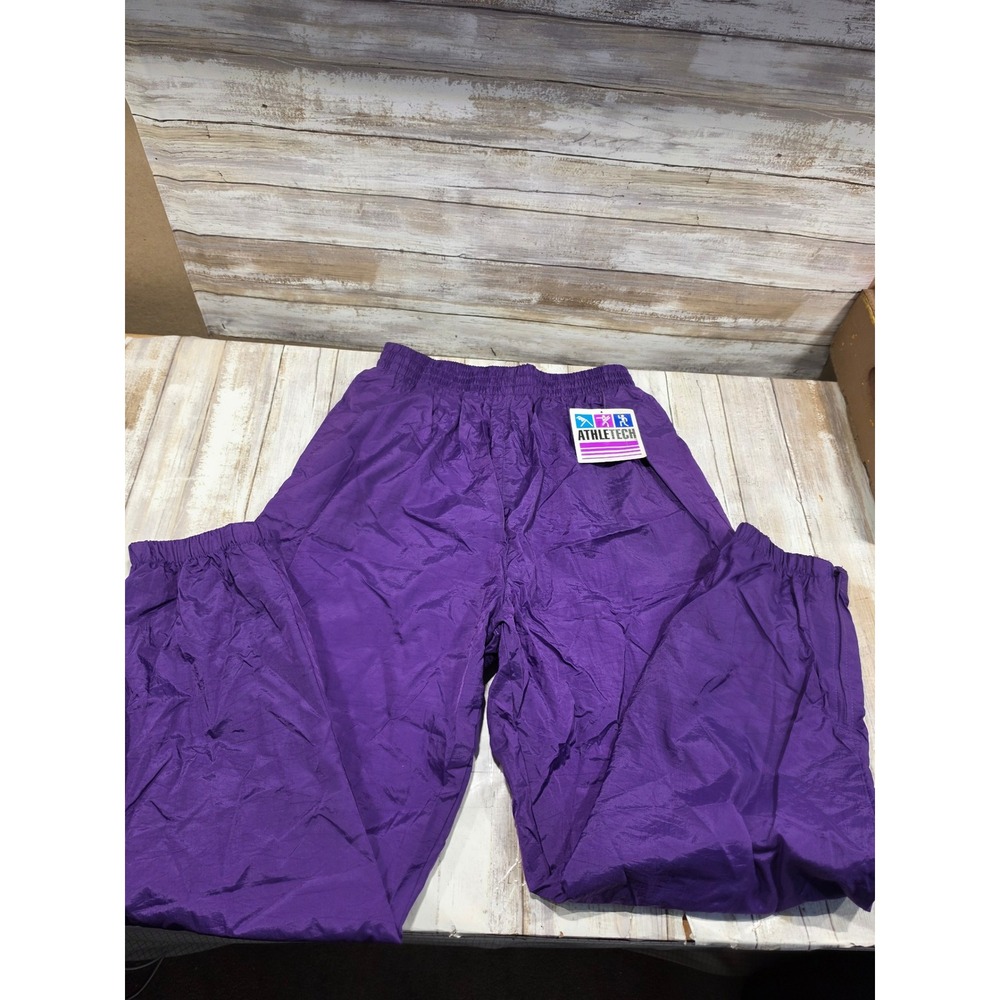 Vintage Athletech Purple Nylon Lined Track Pants Medium Windbreaker Pockets Zip